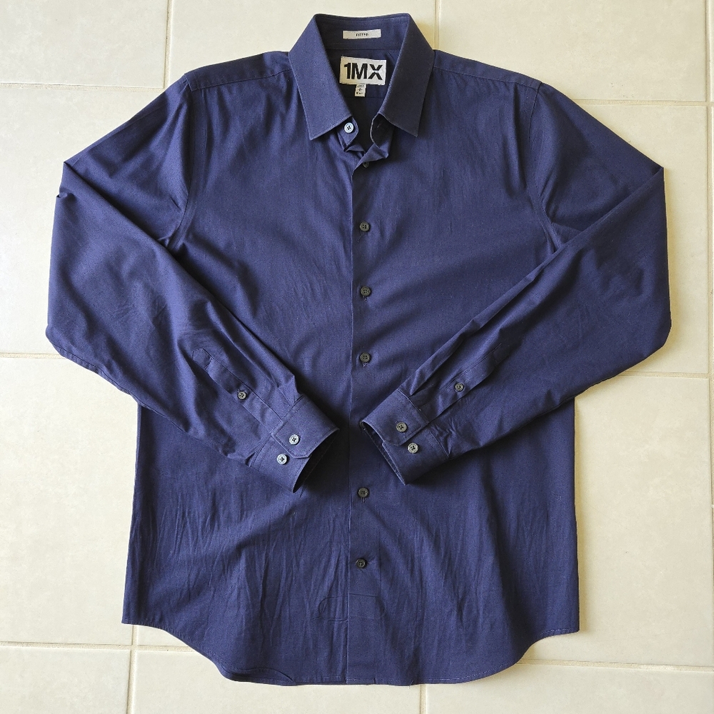 Express Men's 1MX Fitted Dress Shirt Navy Blue Button Up Sz Medium 15-15.5
